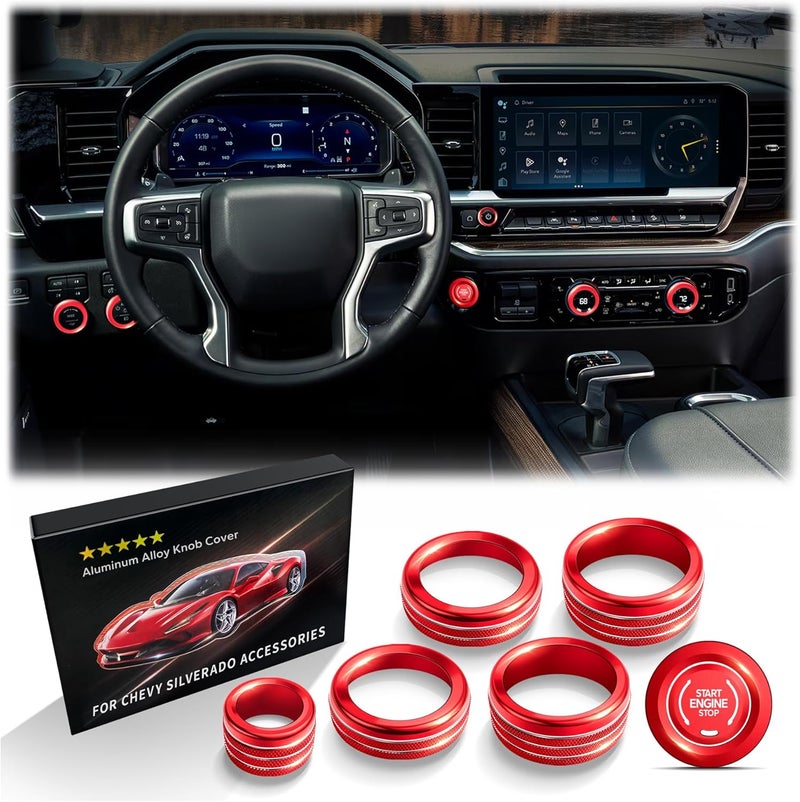 Polodunn for 2022-2025 2026 Chevy Silverado 1500 Accessories & 2024-2025 Chevrolet Silverado 2500HD/3500HD, 7pcs Aluminum Alloy Knob Cover Trim Kit (Red) - Push Start, AC, Volume, Headlight & Mode - Image 1
